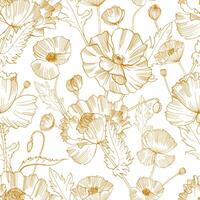 Botanical seamless pattern with gorgeous blooming wild poppy flowers hand drawn with yellow contour lines on white background. Natural illustration for textile print, wallpaper, wrapping paper. vector