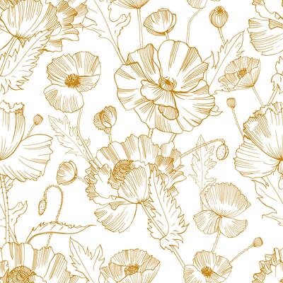 Botanical seamless pattern with gorgeous blooming wild poppy flowers hand drawn with yellow contour lines on white background. Natural illustration for textile print, wallpaper, wrapping paper.