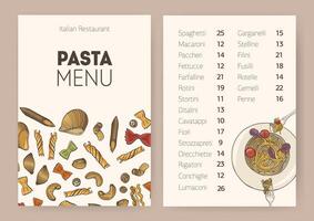 Restaurant or cafe dining menu template with plate of cooked delicious spaghetti, different types of uncooked pasta and place for text. List of tasty traditional Italian meals. illustration. vector