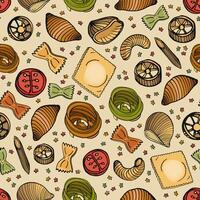 Seamless pattern with different types of tasty uncooked pasta. Backdrop with delicious traditional Italian product. Hand drawn illustration for wallpaper, textile print, wrapping paper. vector