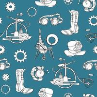Seamless pattern with steampunk attributes and apparel hand drawn with contour lines in monochrome colors on blue background. illustration for wallpaper, wrapping paper, textile print. vector