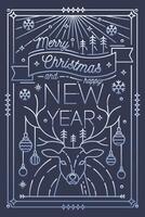 Merry Christmas and Happy New Year greeting card template with holiday decorations - deer with antlers decorated with baubles, snowflakes, spruces. Festive illustration in line art style. vector