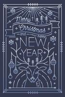 Merry Christmas and Happy New Year greeting card template with holiday decorations - deer with antlers decorated with baubles, snowflakes, spruces. Festive illustration in line art style. vector