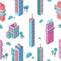 Seamless pattern with isometric city buildings and skyscrapers on white background. Backdrop with modern downtown or megalopolis houses. Colorful illustration for wallpaper, textile print. vector