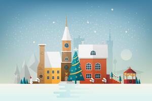 Small European town in snowfall. Snowy cityscape with facades of elegant antique buildings decorated for New Year or Christmas celebration. Colorful holiday illustration in flat style. vector