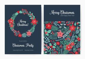 Set of Christmas party invitation, event announcement flyer or greeting card templates with traditional holiday natural decorations - holly leaves and berries, fir needles. illustration. vector