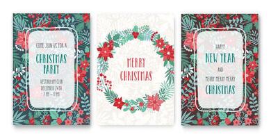 Happy New Year and Merry Christmas. Collection of festive greeting card or party invitation templates with traditional holiday decorations, green and red flowers, leaves, berries. illustration. vector