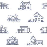 Seamless pattern with suburban houses drawn with blue contour lines on white background. Monochrome backdrop with various living or residential buildings. illustration in lineart style. vector