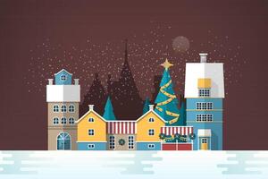 Nevado noche paisaje con pequeño europeo ciudad. linda casas y fiesta calle decoraciones maravilloso antiguo pueblo en nuevo año o Navidad víspera. vistoso festivo ilustración en plano estilo. vector