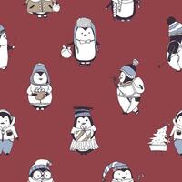 sin costura modelo con gracioso bebé pingüinos vistiendo varios invierno ropa en rojo antecedentes. fondo con dibujos animados antártico aves vestido en ropa de calle. ilustración para fondo de pantalla, tela impresión. vector