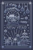 Merry Christmas and Happy New Year greeting card template. Snow globe with house and spruces inside, holiday decorations and gifts drawn with silver lines on navy background. illustration. vector