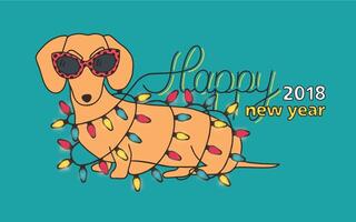 Happy new 2018 year festive banner template with funny dachshund wearing sunglasses and coiled with light garland. Yellow earth dog, symbol of Chinese zodiac. Colorful cartoon illustration. vector