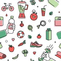 Seamless pattern with healthy lifestyle attributes - fresh organic fruits and vegetables, various sports equipment and apparel on white background. Colorful illustration in line art style. vector