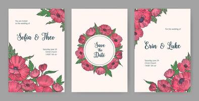 Collection of beautiful templates for Save the Date card or wedding invitation with pink blooming poppy flowers hand drawn on light background and place for text. Elegant floral illustration. vector