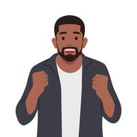 Emotional bearded man shakes clenched fists makes supportive gesture. vector