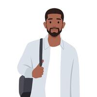 Young bearded man standing holding bag and ready to go to work. vector