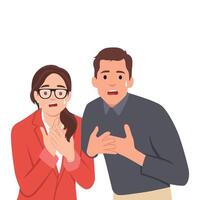 Shocked surprised amazed couple looking at camera with open mouth shouting. vector