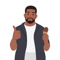 Happy plus size man with ice cream cones in hands. vector