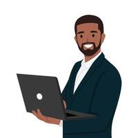 Young bearded business man in suit using laptop computer on hand. vector