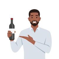 Young bearded man with a bottle of wine. Ask to join him drink. vector