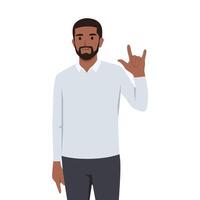 Young man gesturing, doing or making rock and roll symbol or sign with hands up. vector