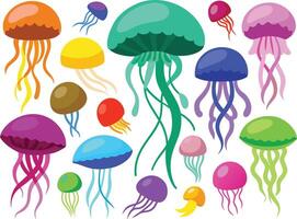 Vibrant array of cartoon jellyfish swimming in a deep blue underwater scene vector