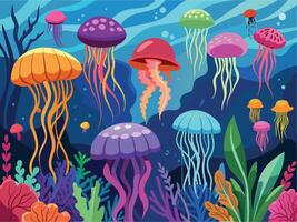 Vibrant array of cartoon jellyfish swimming in a deep blue underwater scene vector