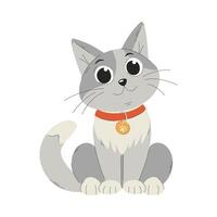 A cute smiling kitten in a collar. The cat is sitting with folded paws. A flat cartoon illustration isolated on a white background. vector