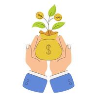 A hand is holding a yellow pot with money tree. Bag with plant with gold coins and leaves. vector