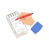 A person is writing on a notepad with a red pen vector