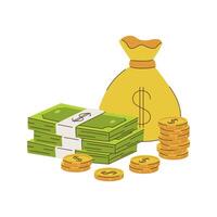 A full yellow bag with a dollar sign and a stack of cash banknotes and coins. A symbol of wealth, savings. vector