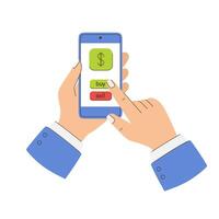 A hand is pointing at a cell phone screen with a dollar sign and a buy button vector