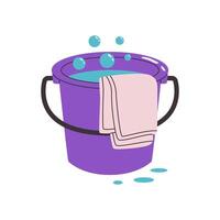 Bucket of water with washing rag. Clean home equipment. Full pail with damp cloth for house cleanup. Housework accessories, housekeeping supplies. Flat illustration isolated on white. vector