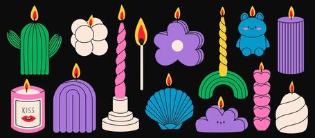 Hand drawn trendy various Candles. Different shapes and sizes. Pillar, jar candle, square, cute candles with face. Flat illustration isolated on black background. vector