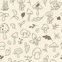 Forest background with mushrooms and foliage doodle sketch style vector