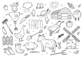 Hand drawn set farm animal, horse, cow, flowers. Doodle sketch style. Agriculture life background, icon. Isolated illustration. vector