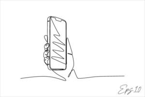continuous line illustration of hand holding smartphone vector