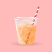 Ice cubes in orange drink with bubbles and straw. vector