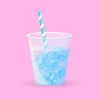 Ice cubes in a cup of water with bubbles and straw. vector