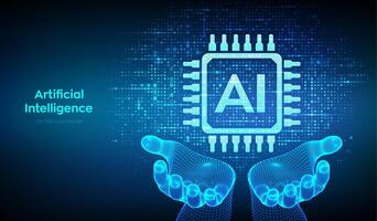 ai. artificial inteligencia. ai icono hecho con binario código en estructura metálica manos. binario datos y transmisión digital código antecedentes. matriz antecedentes con dígitos 1.0. ilustración. vector