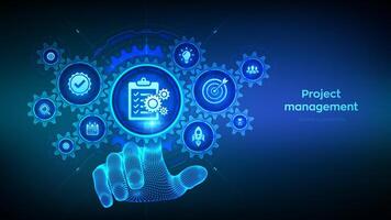 Project management. Effective time planning. Project development. Business target. Company strategy. Wireframe hand touching digital interface with connected gears cogs and icons. illustration. vector