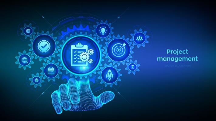 Project management. Effective time planning. Project development. Business target. Company strategy. Wireframe hand touching digital interface with connected gears cogs and icons. illustration.