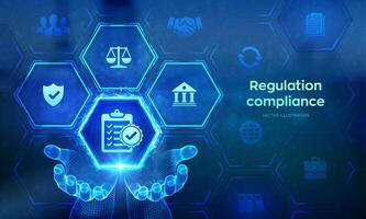 Regulation Compliance financial control internet technology concept on virtual screen. Compliance rules icon in wireframe hands. Reg Tech. Law regulation policy. illustration. vector