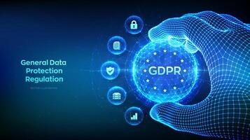 gdpr. general datos proteccion regulación. ciber seguridad, intimidad concepto en el forma de poligonal esfera con gdpr símbolo en estructura metálica mano. proteccion de personal información. ilustración. vector