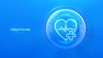 Healthcare. Health insurance. Heart with cross icon inside transparent protection sphere shield with hexagon pattern on blue background. Health Care and Medical services concept. illustration. vector