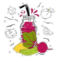 Beet smoothie with illustration of ingredients. Healthy food poster vector