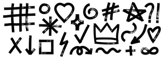 Collection of charcoal graffiti doodle punk and girly shapes. Bold marker brush drawn various doodle elements for templates and collages. Punk and grunge style. vector
