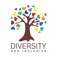 diversidad y inclusión. árbol con corazón conformado hojas en arco iris colores vector