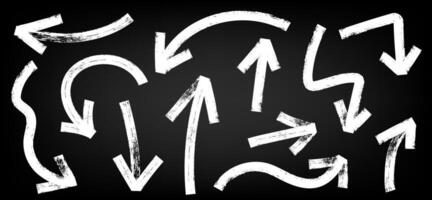 Brush, chalk drawn bold arrows set. Collection of hand drawn doodle thick arrows in different directions vector