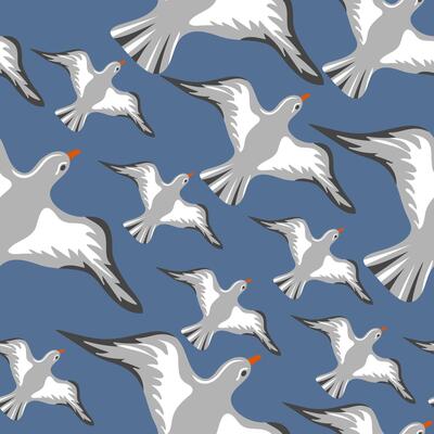 Seamless pattern with hand drawn flying seagulls. Seabirds. Concept of sea and ocean life